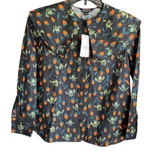 WHISTLES blue print dramatic Peter pan collar  cotton button up blouse NWT Sz 2